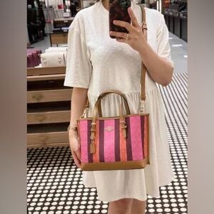 Coach Mollie Tote 25 In Signature Jacquard With Pink & Brown Stripes purse